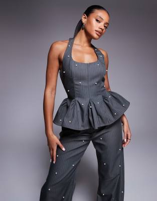 ASOS LUXE - Korsett-Oberteil in Grau mit Nadelstreifen, Schößchen und Perlen, Kombiteil
