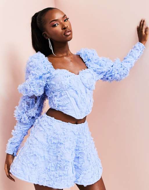 ASOS LUXE - Korsettop met 3D kant en pofmouwen in blauw, deel van co-ord set