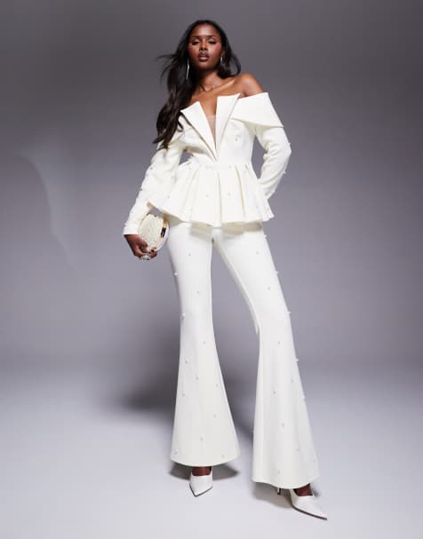 ASOS LUXE co-ord tailored trouser with pearl embellishment in cream