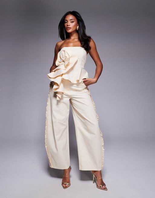ASOS Luxe – Kremowożółte spodnie barrel z bawełnianego diagonalu z falbankami, część zestawu
