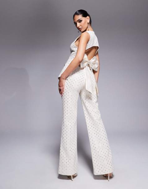 ASOS Luxe – Kremowy zestaw ze zdobionego materiału boucle: kamizelka z kokardką z tyłu i spodnie - view 1