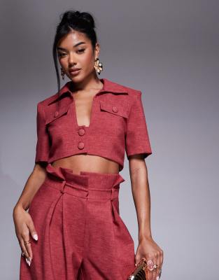 ASOS LUXE - Kurzärmliges Cropped-Hemd in Himbeerrot, Kombiteil-Rosa