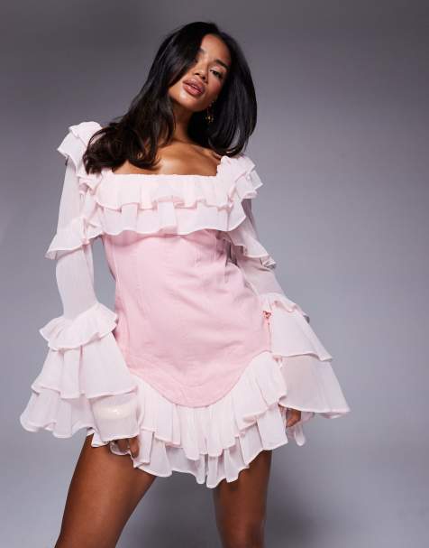 ASOS LUXE – Kurzes Korsett-Jeanskleid in Rosa mit Chiffon-Ärmeln und Chiffon-Saum - view 1