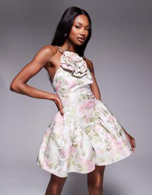 ASOS LUXE - Kurzes Skater-Kleid mit Neckholder-Blumenapplikation und Jacquard-Tulpenmuster-Bunt