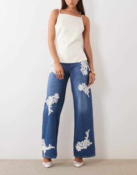ASOS LUXE lace applique wide leg jeans in blue - view 1