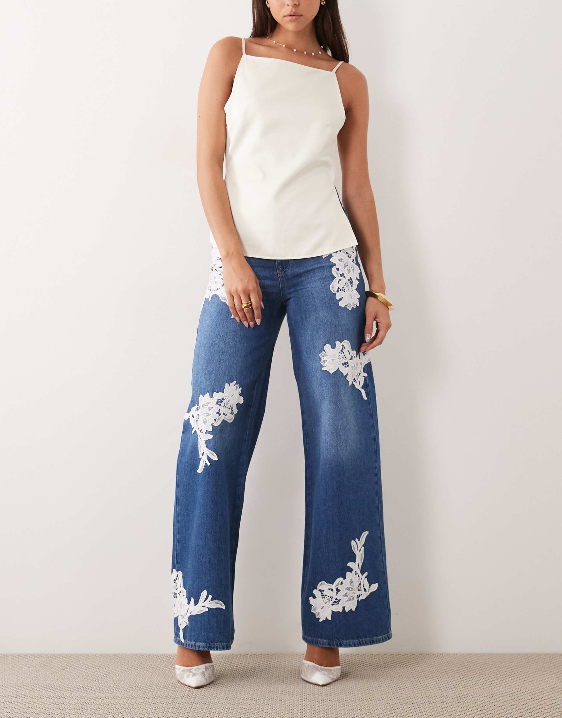 asos luxe lace applique wide leg jeans in blue