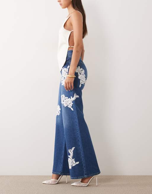 ASOS LUXE lace applique wide leg jeans in blue, 3 of 5