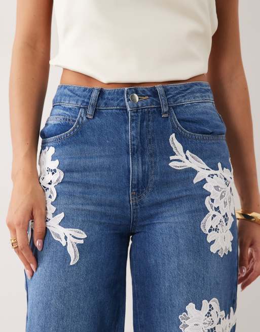 ASOS LUXE lace applique wide leg jeans in blue, 5 of 5