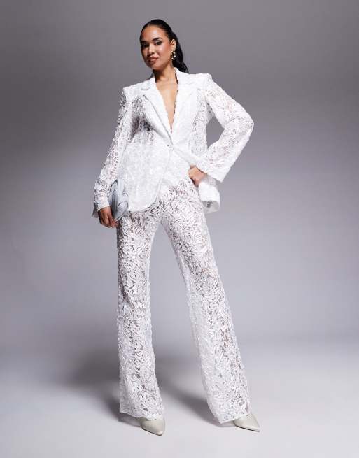ASOS LUXE lace co-ord kick-flare tailored trouser in ivory, 3 of 5