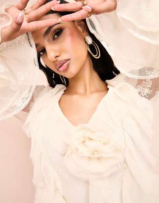 ASOS LUXE lace draped mini dress with corsage details in cream | ASOS