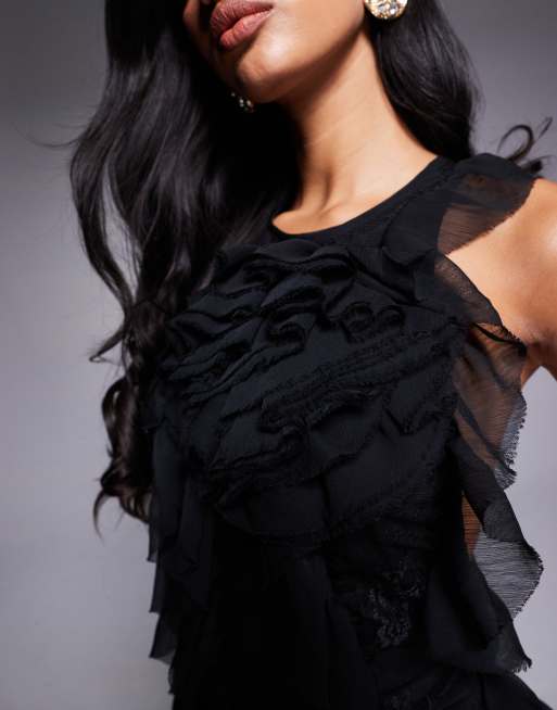 sachin and babi light blue dress Black Petite Chiffon Ruffle Maxi Dress