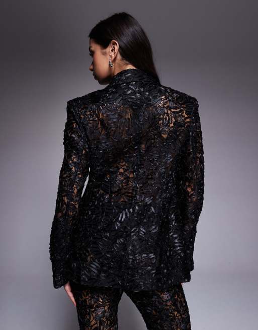 ASOS LUXE lace tailored blazer co-ord in black, 4 of 4