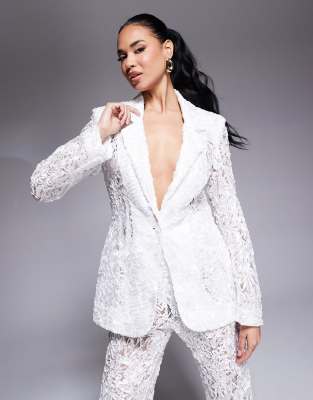 lace tailored blazer in ivory - part of a set-White