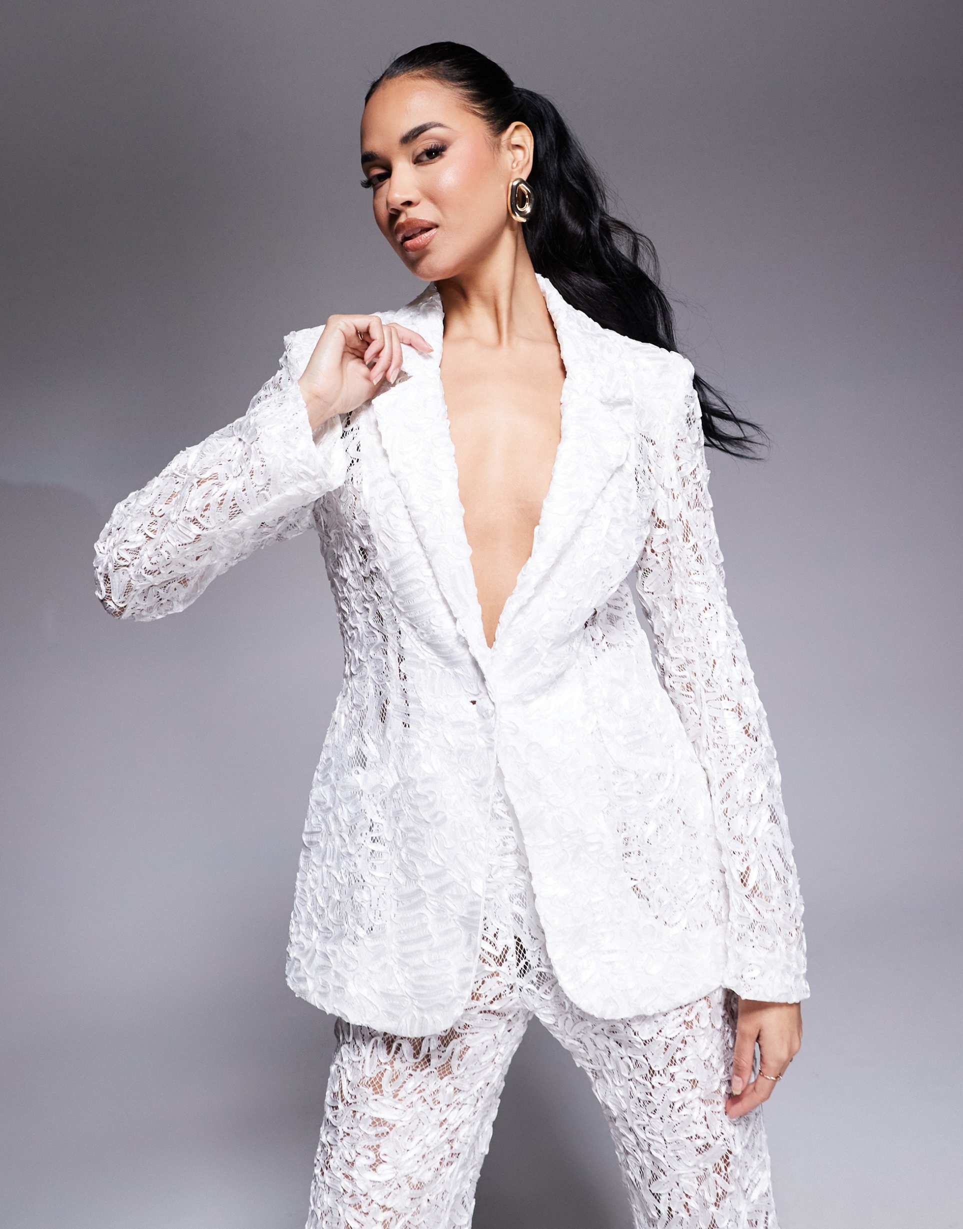 asos luxe lace tailored blazer in ivory - part of a set