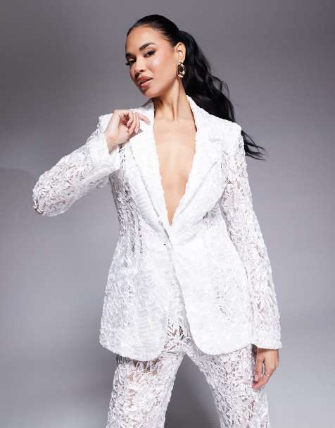 ASOS LUXE lace tailored co-ord blazer in ivory - view 1