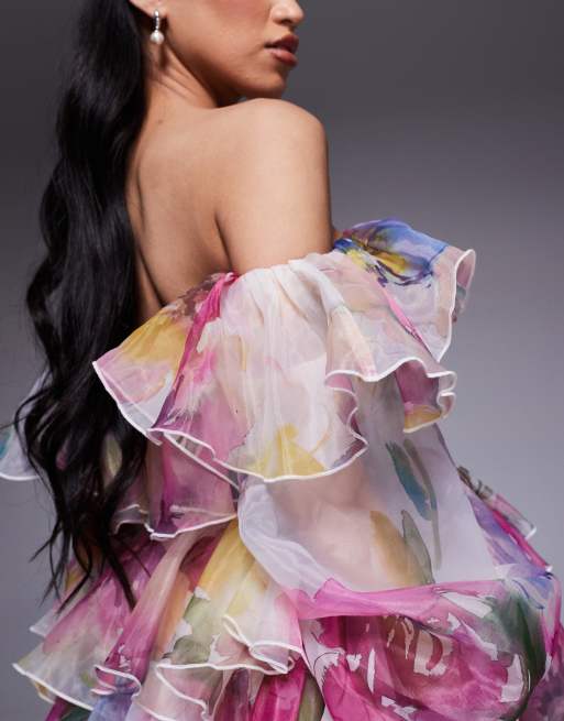 ASOS Luxe - Lagdelt offshoulder-minikjole med sløret blomsterprint i organza, 3 af 4