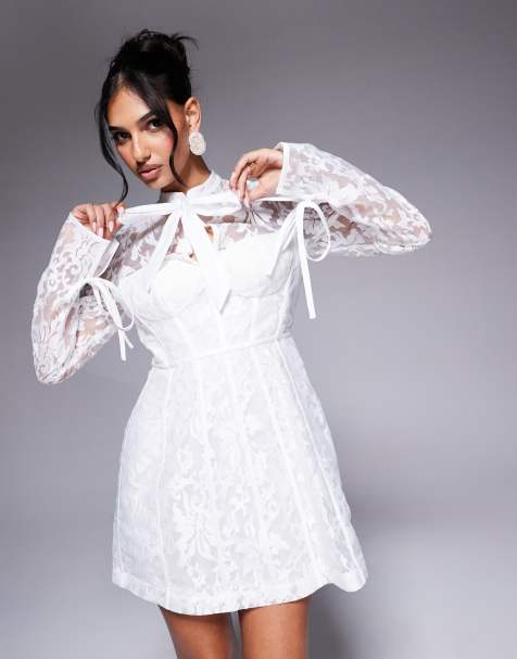 ASOS LUXE – Langärmliges Minikleid aus Jacquard und Spitze in Weiß mit Gitter-Design - view 1