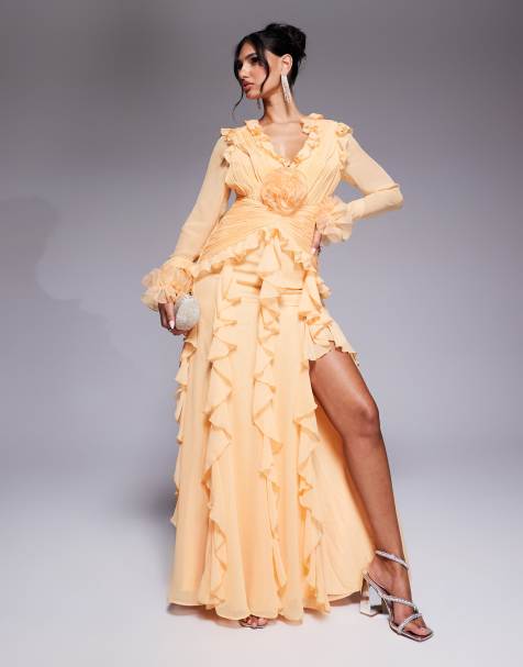ASOS LUXE – Langärmliges Organza-Maxikleid in Apricot mit akzentuierten Rüschen - view 1