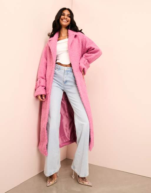 ASOS LUXE – Langer Trenchcoat aus Teddystoff in Rosa mit Taillengürtel, 3 von 4