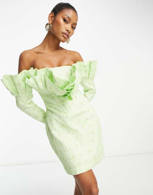 ASOS LUXE - Langærmet grøn bardot-minikjole i jacquard med print og viftetop