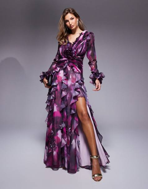 ASOS LUXE - Langærmet maxikjole med store flæser og mørkt blomstermønster i organza - view 1