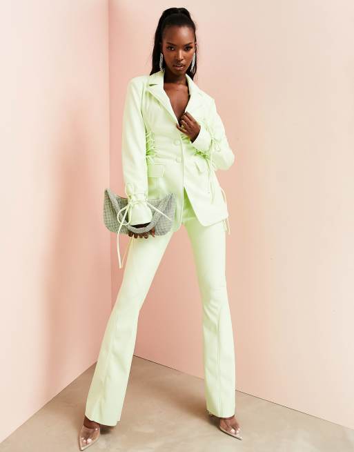ASOS LUXE leather look blazer with cut out back and lace up waist in lime, 2 of 4
