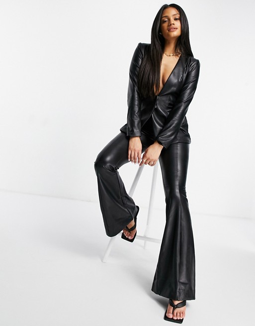 ASOS LUXE leather look high waisted flare trousers in black