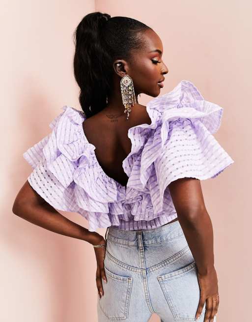 ASOS LUXE - Lilla plunge top med tredobbelt flæse og gingham-organza, 2 af 4