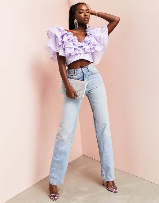 ASOS LUXE - Lilla plunge top med tredobbelt flæse og gingham-organza, 3 af 4