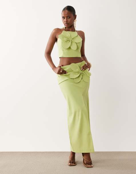 ASOS LUXE linen halter top and maxi skirt with 3D flower set in pistachio - view 1