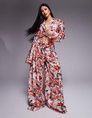 asos ASOS LUXE linen look cropped tailored blazer and linen look tailored wide leg trouser co-ord in tapestry floral