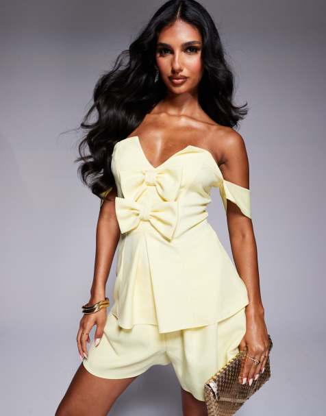 ASOS LUXE linen look off shoulder tailored top with bow detail co-ord in buttermilk - view 1