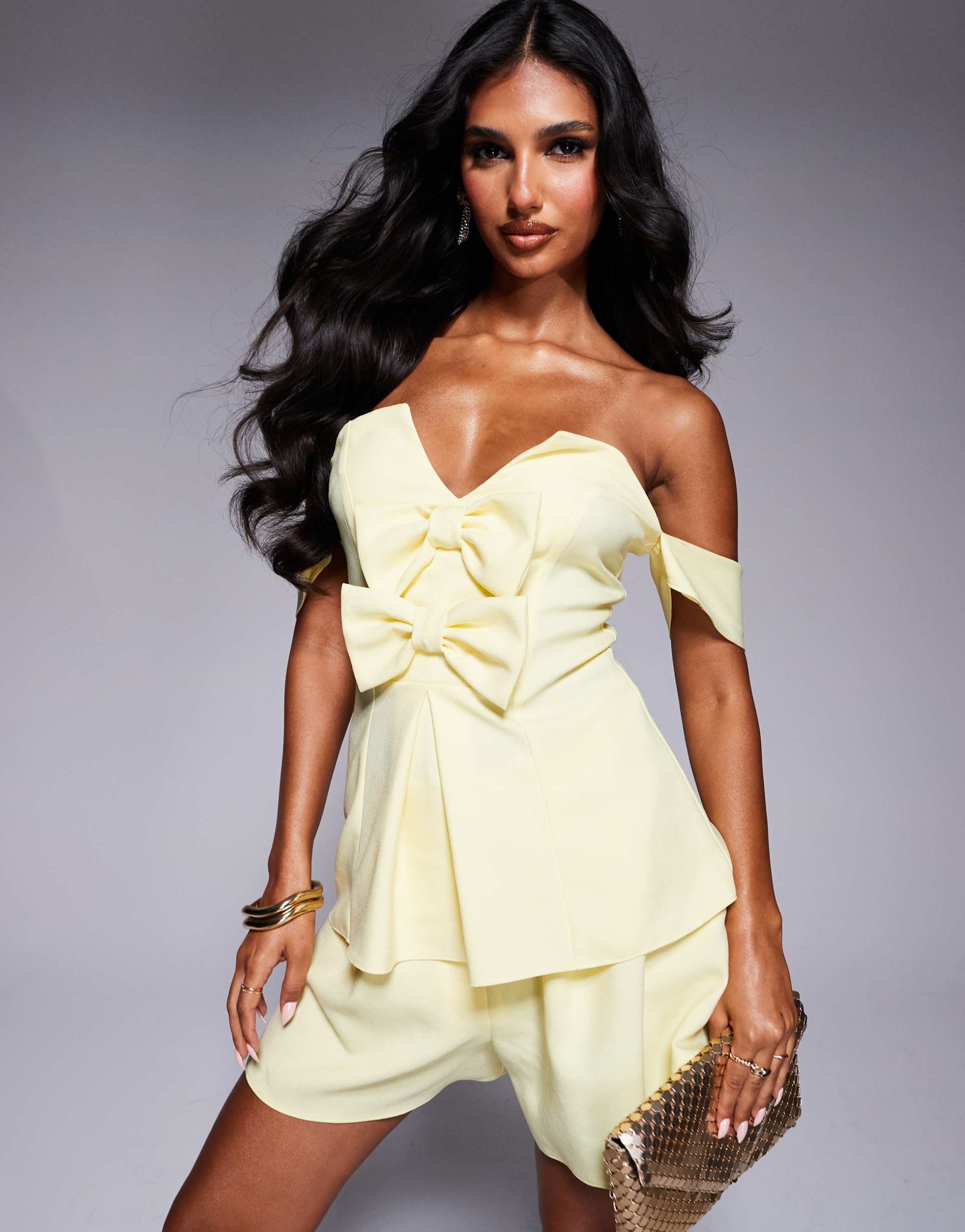 asos luxe linen look off shoulder tailored top with bow detail in buttermilk - part of a set