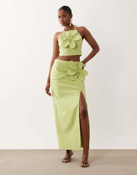 ASOS LUXE linen maxi skirt with 3D flower in pistachio (part of a set) - view 1