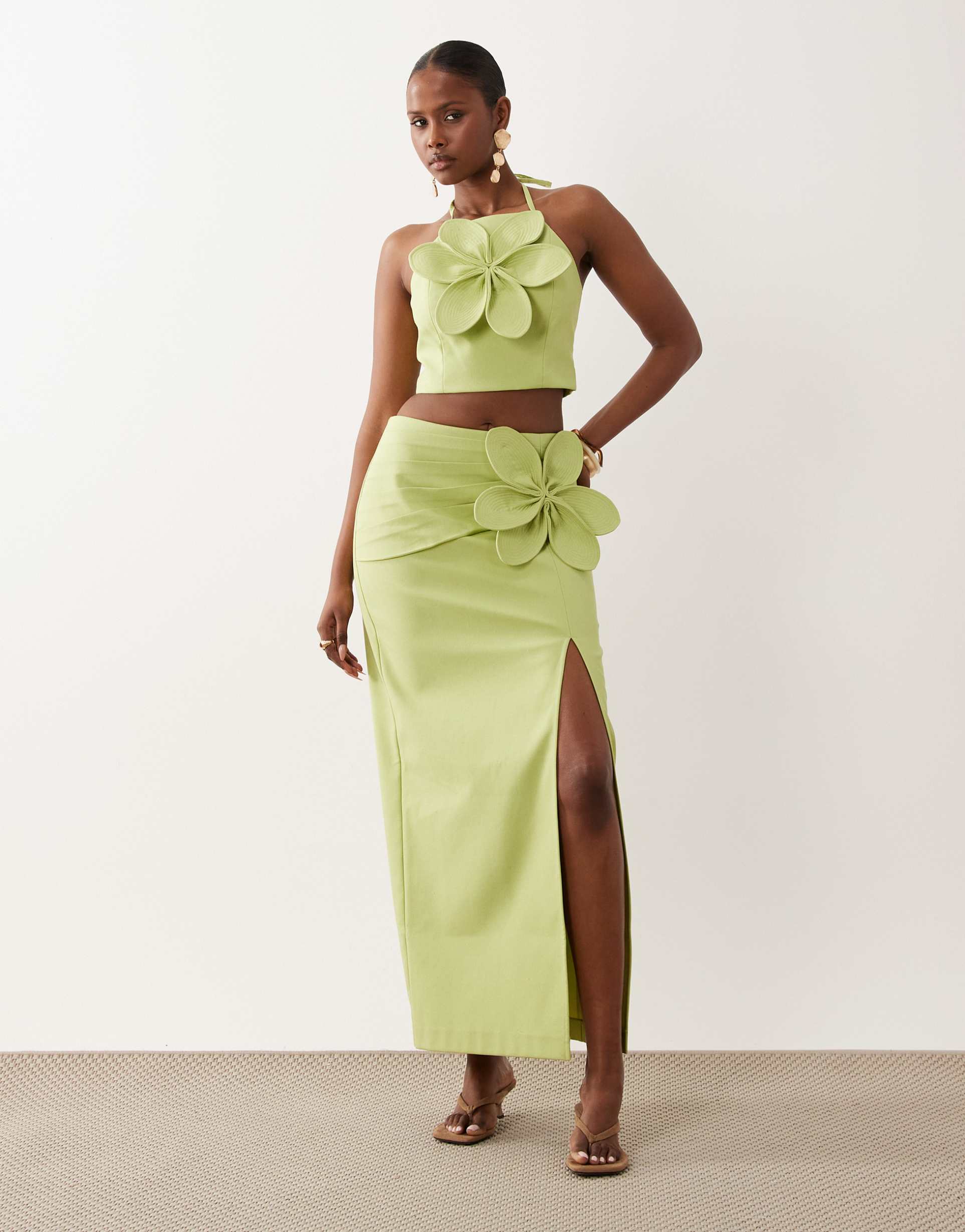 asos luxe linen maxi skirt with 3d flower in pistachio - part of a set