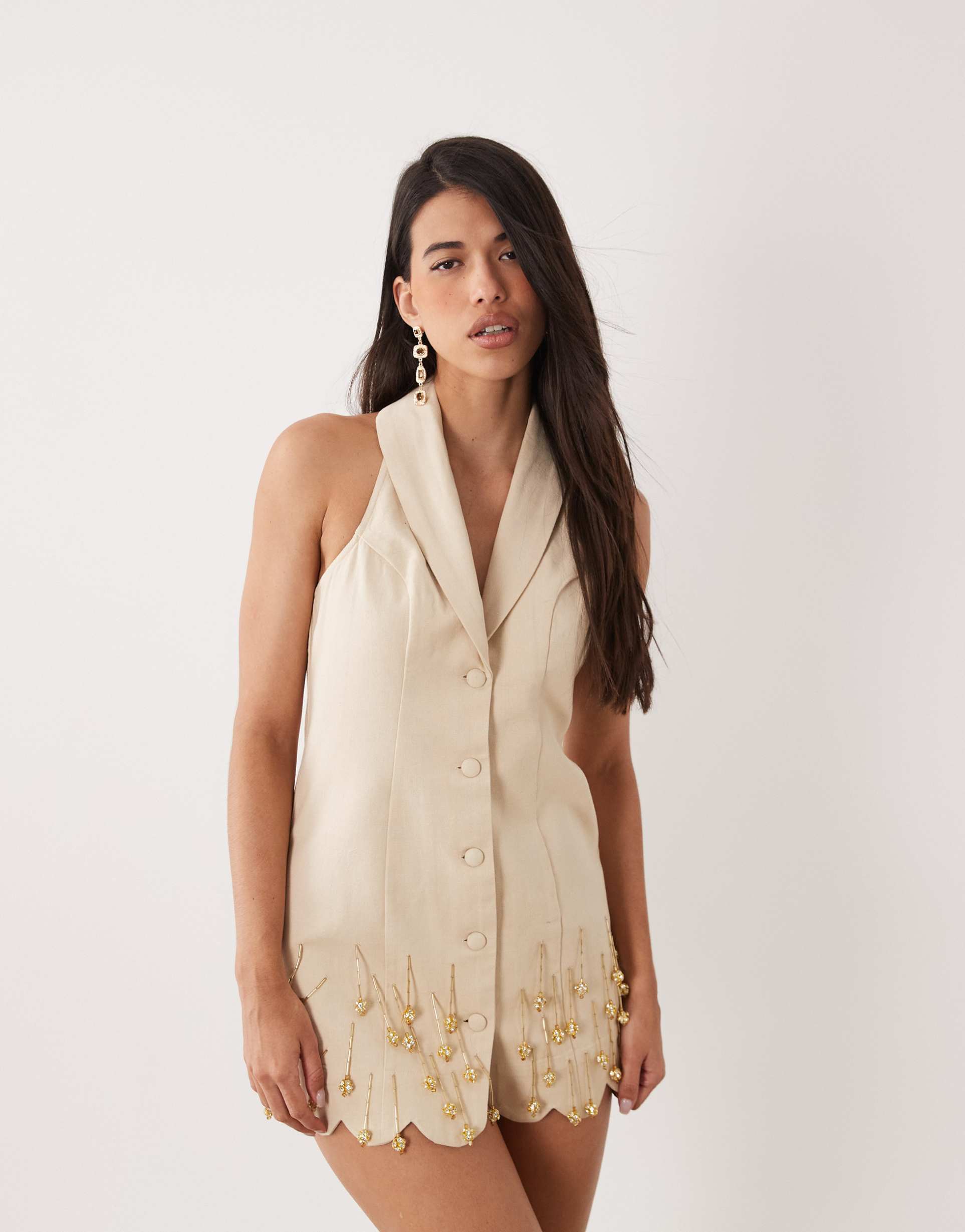 asos luxe linen mix embellished mini dress in neutral
