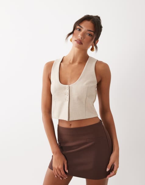 ASOS LUXE linen vest with gold button detail in beige - part of a set - view 1
