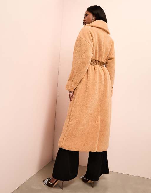 ASOS LUXE – Ljusbrun, lång trenchcoat i teddy med rynkad midja, 4 av 4