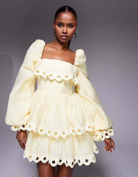 ASOS LUXE – Ljusgul, panelsydd miniklänning med puffärmar och utskurna detaljer vid kanterna - view 1