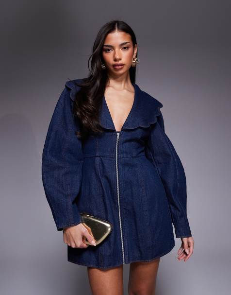ASOS LUXE long sleeve denim dress with oversized collar in indigo
