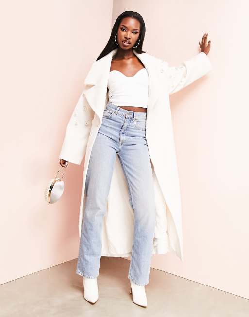ASOS LUXE – Longline-Mantel in Weiß mit Perlendetail, 4 von 4