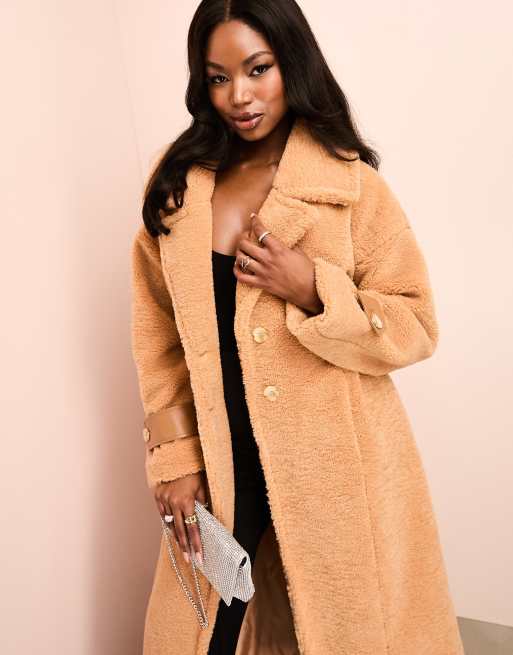 ASOS LUXE Longline Trenchcoat aus Teddyfell in Kamelbeige mit gerafftem Bund