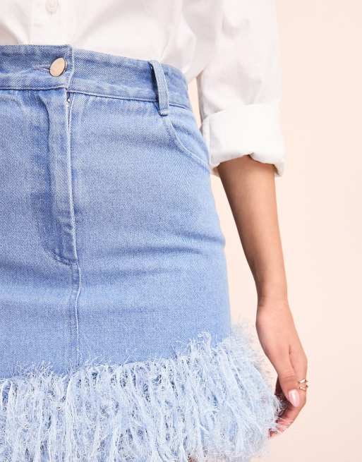 ASOS LUXE - Lyseblå mininederdel i denim med imiteret fjerkant, 3 af 5