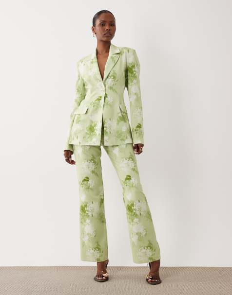 ASOS LUXE - Lysegrønne skræddersyede habitbukser med sløret blomstermønster - Del af sæt - view 1