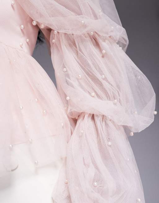 ASOS LUXE - Lyserød babydoll-top med perleudsmykning i tyl, 3 af 4