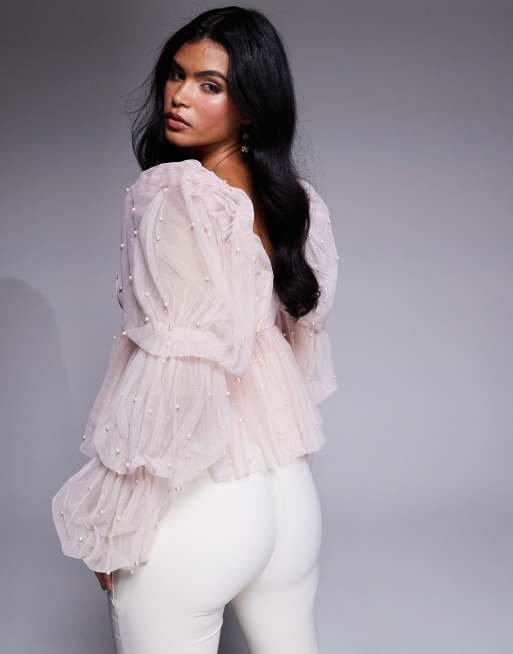 ASOS LUXE - Lyserød babydoll-top med perleudsmykning i tyl, 4 af 4