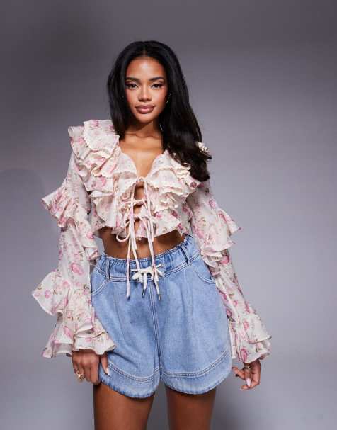ASOS Luxe - Lyserød bluse med jacquardmønster og overdrevne flæser samt blomsterprint - view 1