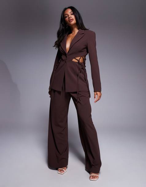 ASOS LUXE macrame tailored blazer and crepe wide leg trouser in chocolate - view 1