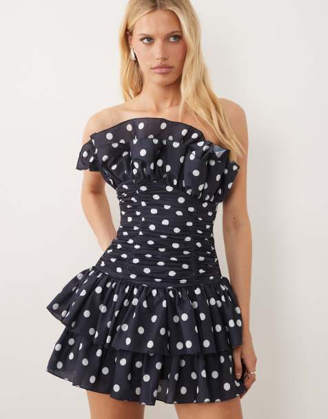 ASOS LUXE – Marinblå, prickig, strukturerad miniklänning med volang och rynkat liv - view 1