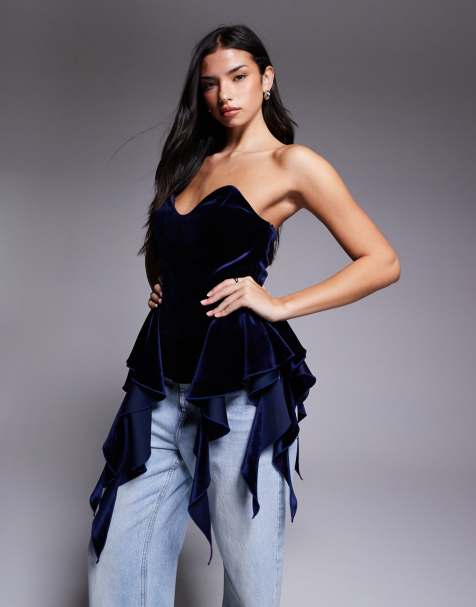 ASOS LUXE - Marineblå bandeau-top med struktur og peplum-kant i velour - view 1